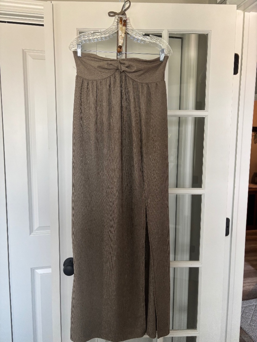 Alter'd State Evening gown, light brown shimmery fabric.  Beaded tie neck.  Lg